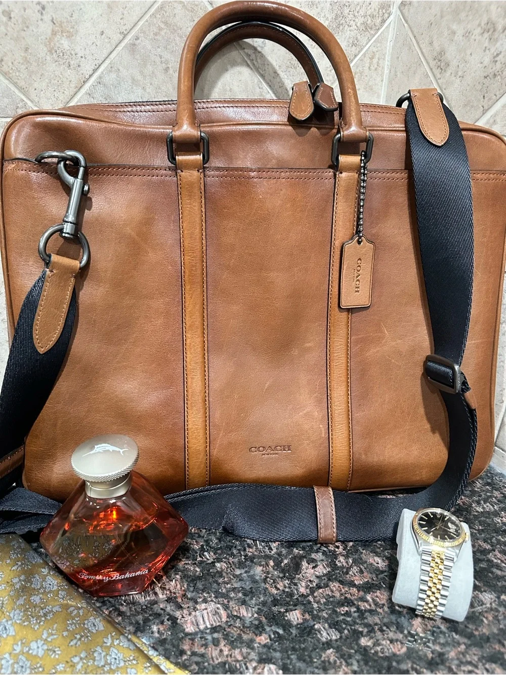 Coach Brown Leather Briefcase with Black Shoulder Strap